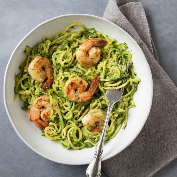 Pesto Zucchini Noodles With Sauteed Shrimp Recipe image